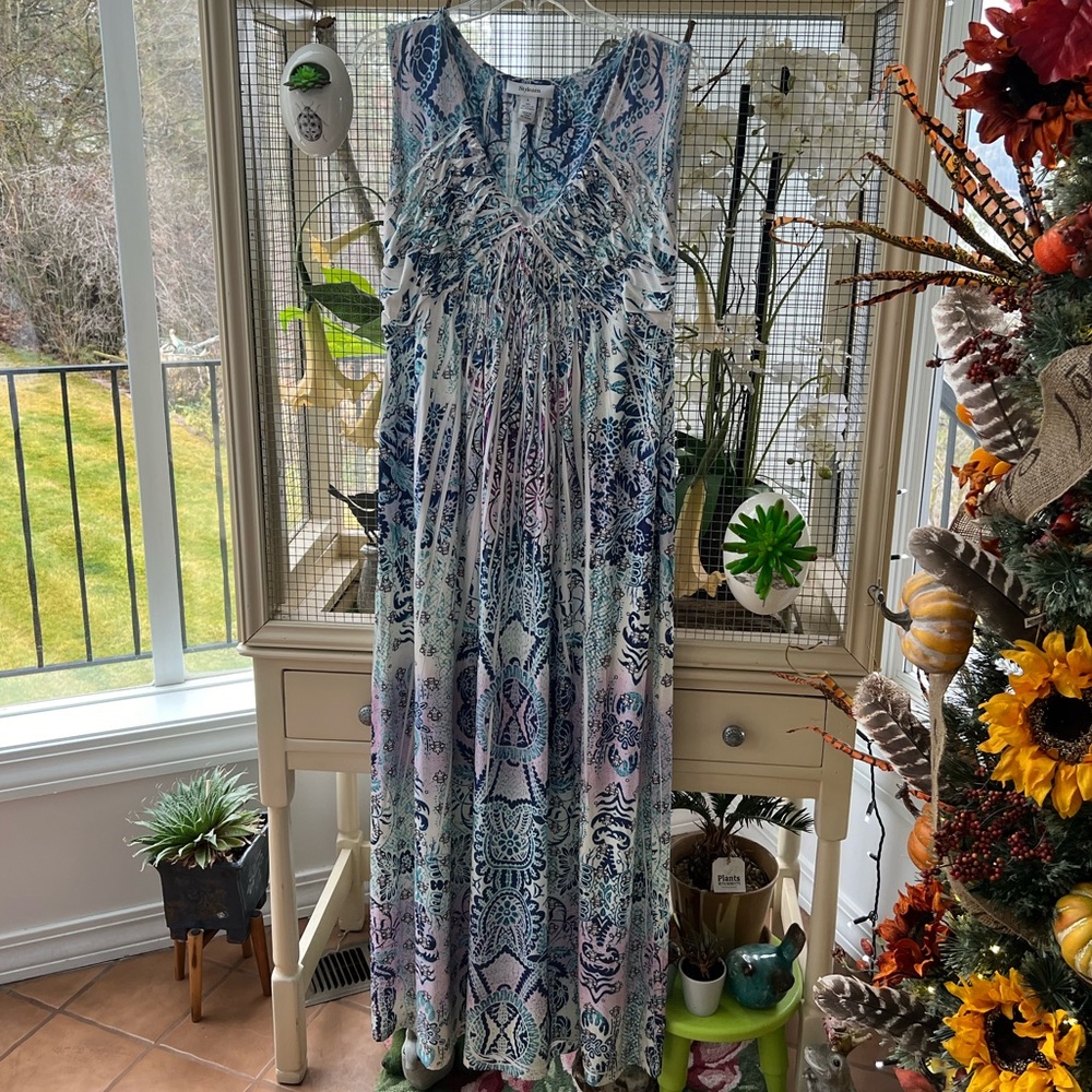 Style & Co Bohemian Sleeveless Turquoise & White Maxi Dress L